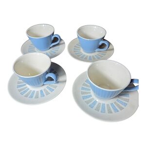 Blue and White Ceramic Teacup Set Vintage MCM Set Of 4.